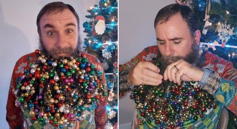 Homem pendura 710 enfeites de Natal na barba e quebra o próprio recorde