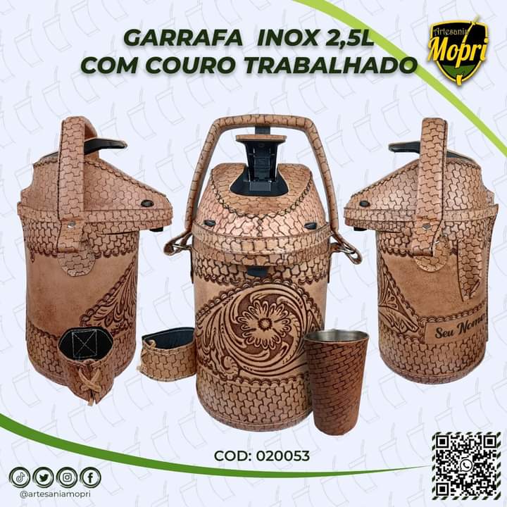 Artesania Mopri. GARRAFA INOX 2,5L COM COURO TRABALHADO